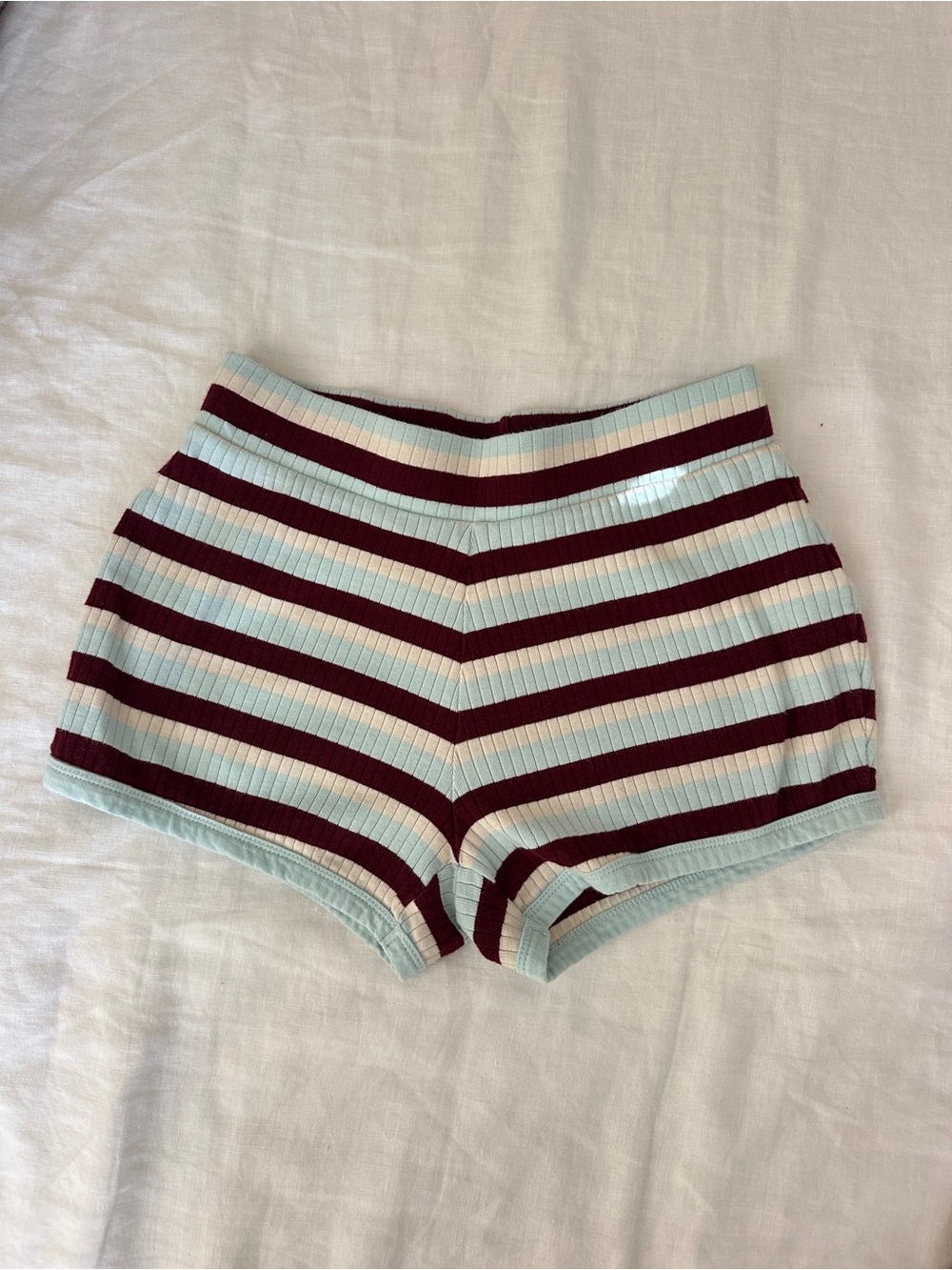 PrettyLittleThing Ribbed High Waist Striped Shorts - Light Blue & Burgundy